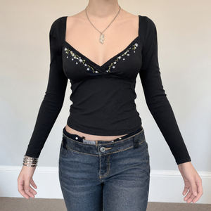 Vintage <b>square</b>-<b>neck</b> slim-fitting floral embroidery <b>long</b>-<b>sleeved</b> <b>top</b> hot girl sexy low-cut versatile T-shirt - Product Image 4