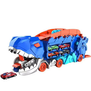 Camion de stockage de dinosaures 2 en 1 Jouet en métal pour avaler une voiture qui se transforme en <span class=keywords><strong>T</strong></span>-<span class=keywords><strong>Rex</strong></span> avec piste de course de voitures coulissantes - Product Image 1