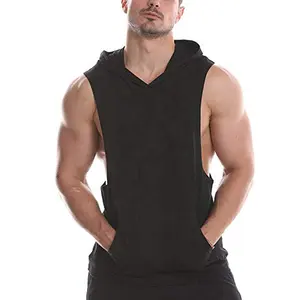 GYM Camisas Tamanho EUA Logotipo Personalizado 100% Algodão Sem Mangas Workout Vestuário Homens Muscle Hoodie Fitness T Camisas Com Bolso