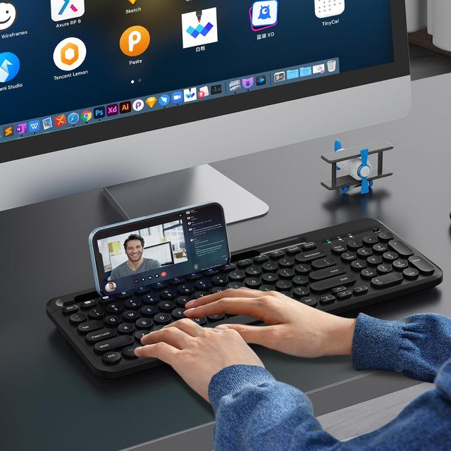 98 Keys Wireless Keyboard,Android/Windows/IOS Support,Retro BT 5.0 Keyboard with Integrated Stand