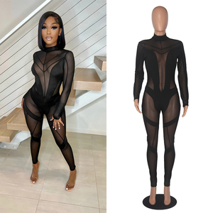 Gx0233 Spring Waterproof Eco-Friendly Solid Fashion Sexy <strong>Playsuits</strong> and Bodysuit See Through Women Long Sleeve <strong>Mesh</strong> Jumpsuits - Product Image 1