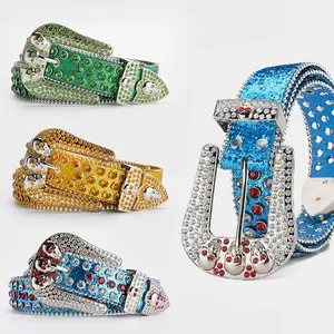 Women Men Fashion Designer Luxury Shiny Belt PU Leather Colorful Cowgirl Cowboy Studded BB Rhinestone Western Belt