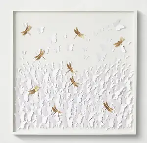 Caja de sombra acrílica 3D decorativa para el hogar, decoración de libélula, arte de papel hecho a mano, pintura abstracta de mariposa