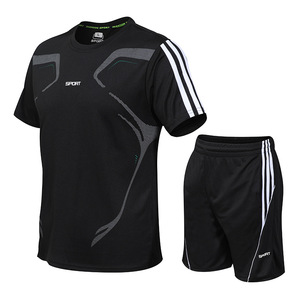Ensemble de sport d'été pour homme, manches courtes, séchage rapide, polyester/coton, col en V, tenue de course et de fitness, noir avec accents verts - Product Image 5