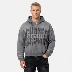 Sudadera con Capucha de Corte Holgado y Hombros Caídos, Estilo Vintage Lavado, para Hombre, Estampada con Pedrería, Directo de Fábrica - Product Image 1
