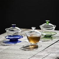 Service à thé Kung Fu de luxe moderne, Gaiwan en verre transparent coloré, Bol d'offrande à thé à deux compartiments, Tasses et soucoupes