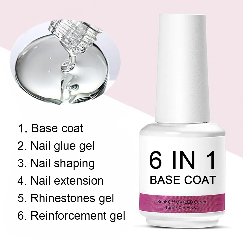Soak off Semi Permanent Nail Extension Reinforcement Leveling Glue Gel UV LED Function Base Coat Gel 6 in 1