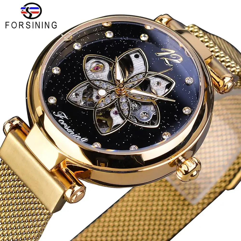 Forsining Nouvelle arrivée Montre Mécanique pour Femme Marque de Luxe Or Maille Étanche Femme Horloge Mode Dames Montres