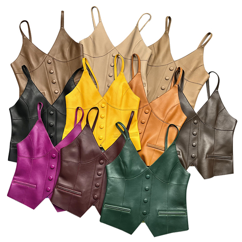 1053 Multi-Color Sheep Skin Versatile Slim Fit Fashion Vest Sleeveless Camisole Women's Leather Vest