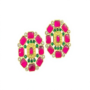 Pendientes de botón geométricos de latón chapado en oro de primera calidad con moissanita rosa, estilo vintage, modernos, para fiesta, para mujer - Product Image 2