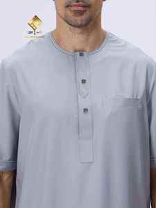 AL HARAMAIN <b>Men's</b> White Cotton <b>Thobe</b> Short Sleeve Ankle Length Round Neck Modest Prayer Robe Solid Color Regular Fit - Product Image 2