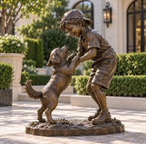 Estatua de Bronce de Tamaño Real de Niños y Perro Jugando en el Jardín, en Oferta - Product Image 2