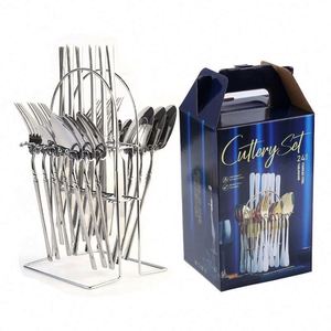 Ensemble de couverts réutilisables de style occidental doré de 24 pièces, couteau à steak, fourchette, cuillère avec boîte cadeau élégante pour support mural - Product Image 2