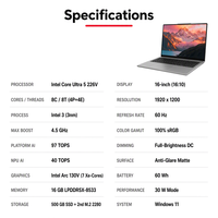 MECHREVO Boundless16S Lap Ultra5 226V 16GB 500GB PCIe 4.0 SSD 16 Inci 2560 X 1600 120Hz Sidik Jari Aluminium Notebook