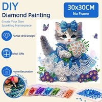 Kit de Peinture Diamant 5D Chat Mignon 30x30cm, Broderie Partielle, Broderie Cristal, Motif Bleu, Bouquet, Papillon, Cadeau DIY Art Diamant