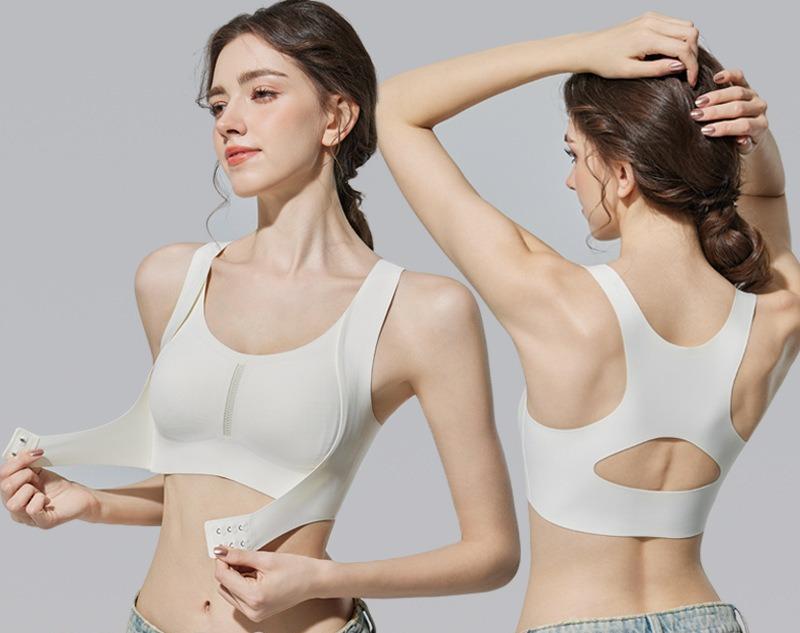 Women's Anti-Sagging Sports Bra with Adjustable Cross Straps Traceless Steel-Free Front Buckle Padded Underwear