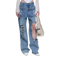 Haute qualité Baggy jambe droite Double ceinture Vintage lavé bleu singe lavé en détresse trous Denim pantalon femmes jean