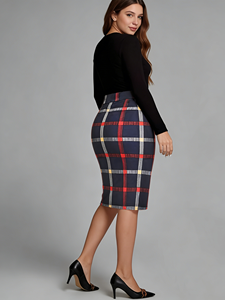 Jupe crayon Joyinspring grande taille vintage à carreaux décontractée bleu marine en polyester taille naturelle moulante longueur genou extensible pour le printemps - Product Image 4