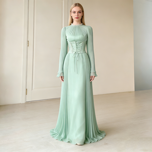 Robes pour femmes, vert menthe clair, col montant, col à volants, manches longues plissées, corset à lacets, taille cintrée, robes maxi élégantes - Product Image 1
