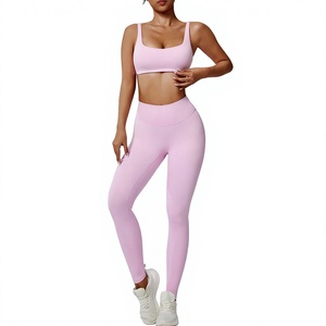 <b>Red</b> Seamless Yoga Set High Waist Leggings <b>Crop</b> <b>Top</b> Racerback Square Neck 2 Piece Activewear Full Length Spandex Polyester - Product Image 4