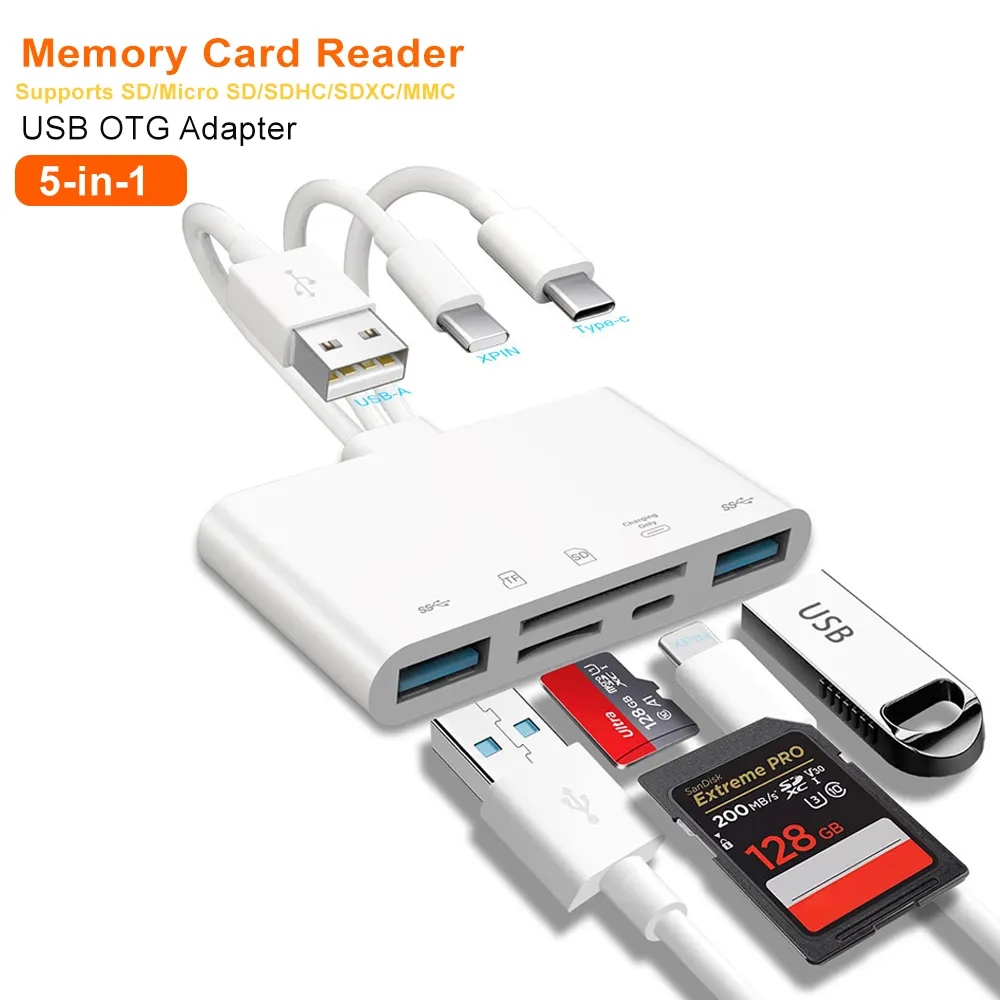 Lecteur de carte mémoire 5 en 1 Adaptateur USB OTG Lecteur de carte SD pour tablette de téléphone USB C et USB A avec prise en charge Micro SD/SDHC/SDXC/MMC