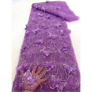 Tecido de renda frisado de luxo para noivas, tecido de renda francesa bordado com pérolas e borboletas 3D, ideal para casamentos