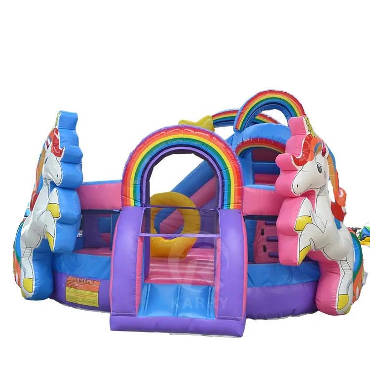 Outdoor commercial kid ostacolo toboggan gonflable combo buttafuori unicorn rainbow gonfiabile jump house