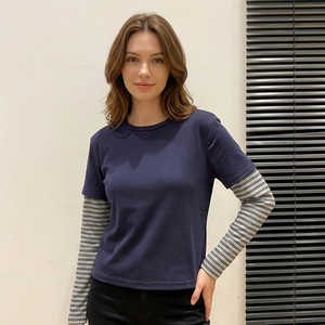 Camiseta Casual de Cuello Redondo para Mujer, Color Sólido, Manga Larga, Diseño a Rayas en Capas, Transpirable, de Algodón Tejido, 220g - Product Image 5