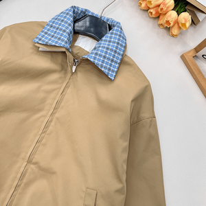 Women Plaid Collar Harrington <b>Jacket</b> Zip Up Elastic Waist Casual Windbreaker Outerwear - Product Image 5