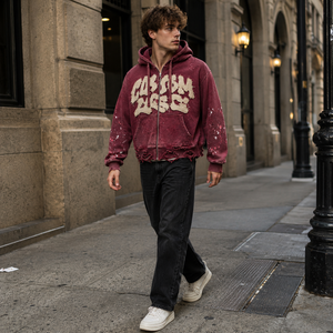 Fabricant de sweats à capuche personnalisés pour hommes, couleur bordeaux, effet délavé, ourlet brut, <span class=keywords><strong>patchwork</strong></span>, streetwear, sweat à capuche zippé en molleton épais - Product Image 2