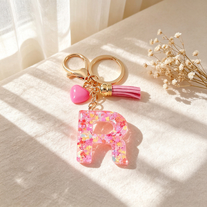 Pink Glitter Resin Letter E Keychain, Initial <b>Key</b> <b>Ring</b> with Heart Charm, Cute Tassel Accessory for Handbags - Product Image 6