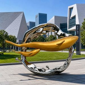 Escultura de Acero Inoxidable Whale Splash, Estatua Artística de Vida Marina en Dos Tonos con Acabado Dorado Espejado para Decoración de Jardín y Paisaje - Product Image 1