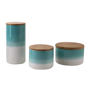 Ceramic Gradual Change Pattern Storage Jar Bamboo Lid Wooden Cover Canister For Food And Spice