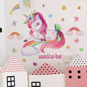 Autocollant mural <span class=keywords><strong>en</strong></span> PVC amovible et auto-adhésif, dessin animé <span class=keywords><strong>licorne</strong></span> <span class=keywords><strong>arc</strong></span>-<span class=keywords><strong>en</strong></span>-<span class=keywords><strong>ciel</strong></span> papillon étoiles, décoration de chambre à coucher et de salon - Product Image 5