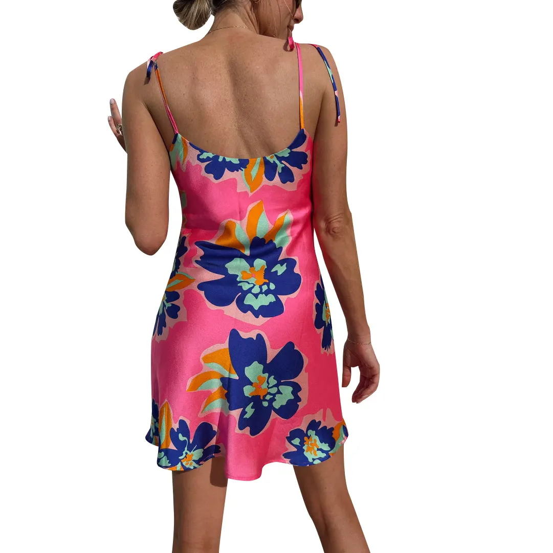 Custom Spring Flower Vestidos Sexy Elegant Sleeveless Mini Strap Ladies Floral Printing Satin Summer Slip Dresses Women