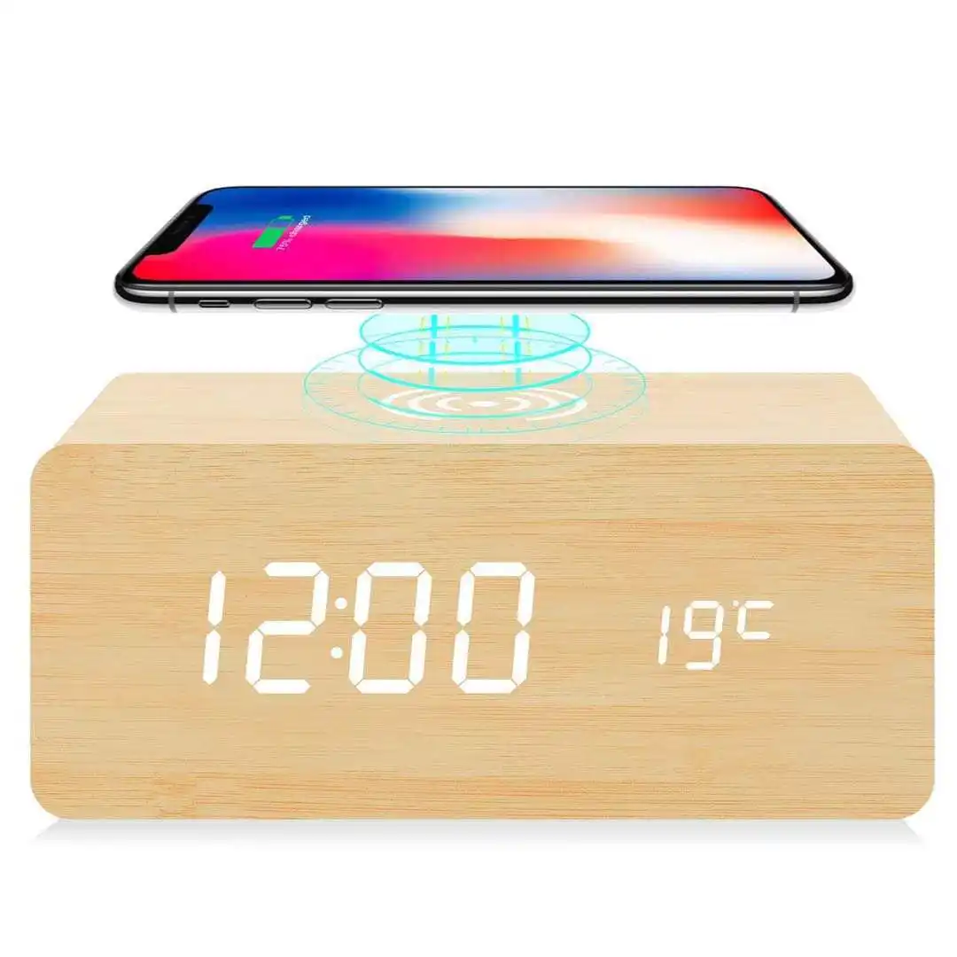 Wooden Alarm Clock with Wireless Charging Pad Wood LED Digital Clock Time Date Temperature Display for Bedroom Office Home