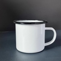 Mug de camping réutilisable vintage à pois avec logo personnalisé, portable, 350 ml, émail blanc, sans BPA, passe au lave-vaisselle