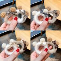 Femmes Enfants Petite Fille Pastel Cute Soft Scrunchies Faux Mink Fur Elastic Seamless Band Bear Dog Hair Balls Pom Pom Hair Ties