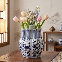 Vase en porcelaine bleu et blanc classique de luxe fait main de Jingdezhen avec 9 trous, tulpière, décoration d'intérieur