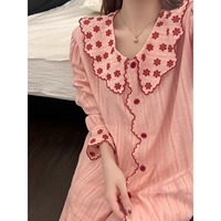 Pyjama coréen doux brodé floral à col Claudine en polyester à manches longues respirant pour femme – Ensemble de vêtements d'intérieur printanier