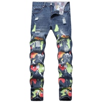 Jeans pour hommes en denim coloré camouflage patchwork effet éclaboussures, coupe skinny fuselée et déchirée, vente en gros OEM