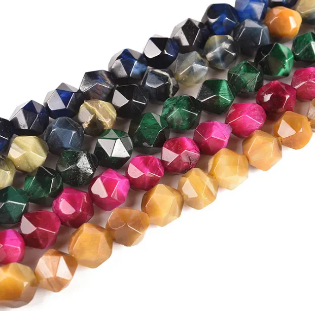 Natural Faceted Diamond Cutting Healing Energy Colorful Tiger Eye Gemstones Loose Beads 15.5"