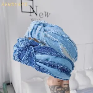 Moda geniş kenar Jean kumaş bandana Retro mavi Denim kafa bandı kafa bandı kadınlar ve kızlar için saç aksesuarları