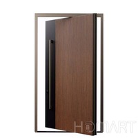 Porte d'entrée double moderne avec panneaux en bois, cadre en aluminium noir et vitres latérales pour maisons de luxe