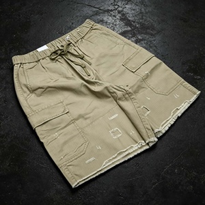 Men's Cargo Shorts Solid Color Drawstring Waist Ripped Hem Breathable Cotton Canvas Shorts - Product Image 1