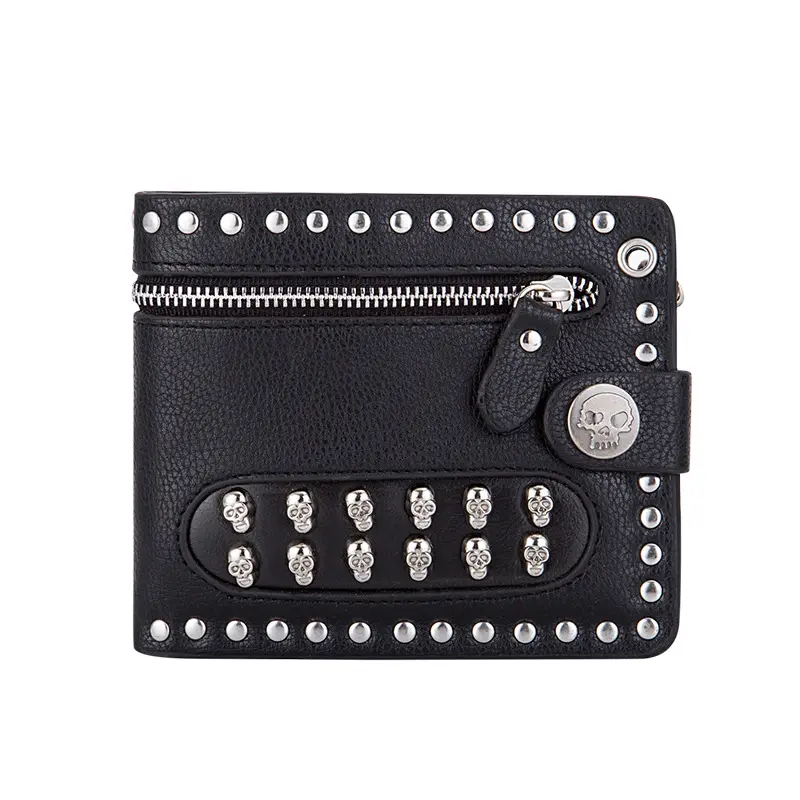 2022 Punk Studded Skull Biker Leather Wallet Luxury Brand Hip Hop Wallet Case Skull Biker Card Holder Wallet with Keychain