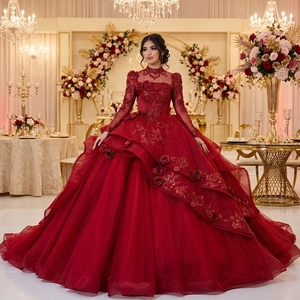 Magnifique robe de bal bordeaux sans bretelles avec appliques de sequins 3D en forme de rosette et volants superposés, robe de Quinceañera Jancember - Product Image 1