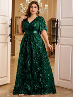Robe de soirée formelle d'été à coupe aléatoire, taille plus, élégante, col en V, manches mi-bouffantes, sequins brodés, motif floral, coupe trapèze, avec ceinture