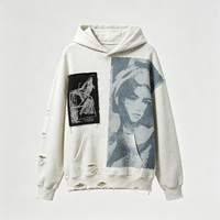 Sweat-shirt à capuche oversize streetwear avec impression artistique Kornit DTG, détail patchwork, effet vintage déchiré