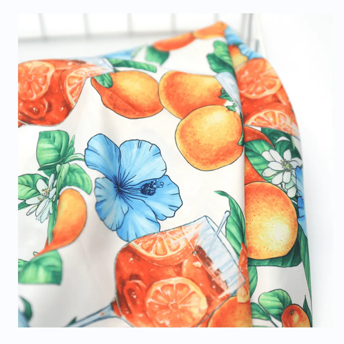 Gaun Satin cetak Digital buah oranye cerah kain Satin 100% poliester untuk pakaian anak-anak gaun Satin dengan pita sutra